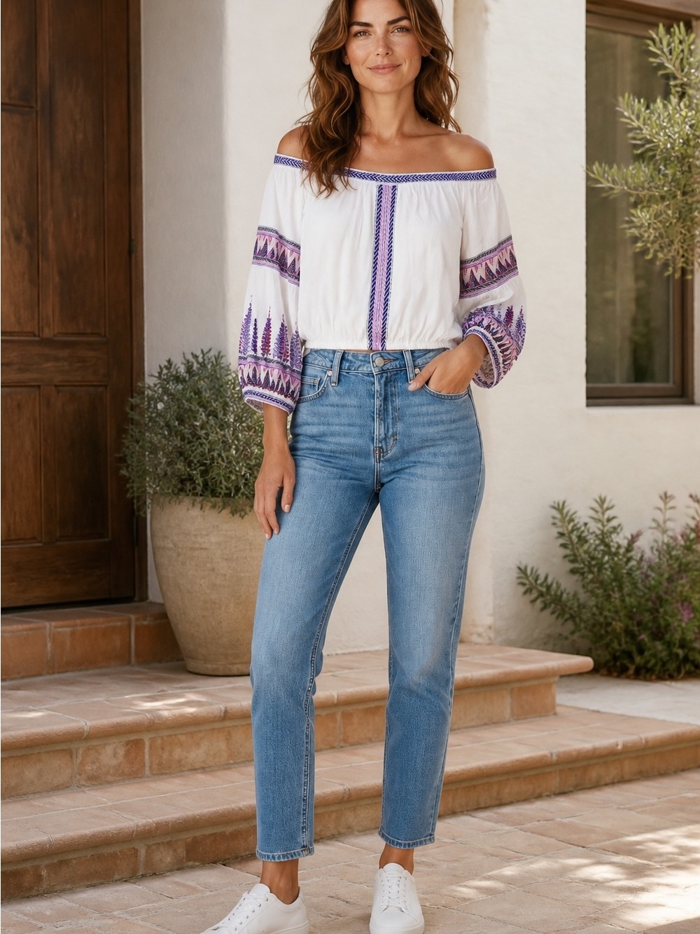 Free People White On or Off-Shoulder Crop Top with Navy and Purple Embroidery